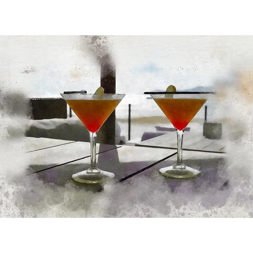 two tom collins cocktail on a wooden deck abstract figurative painting print