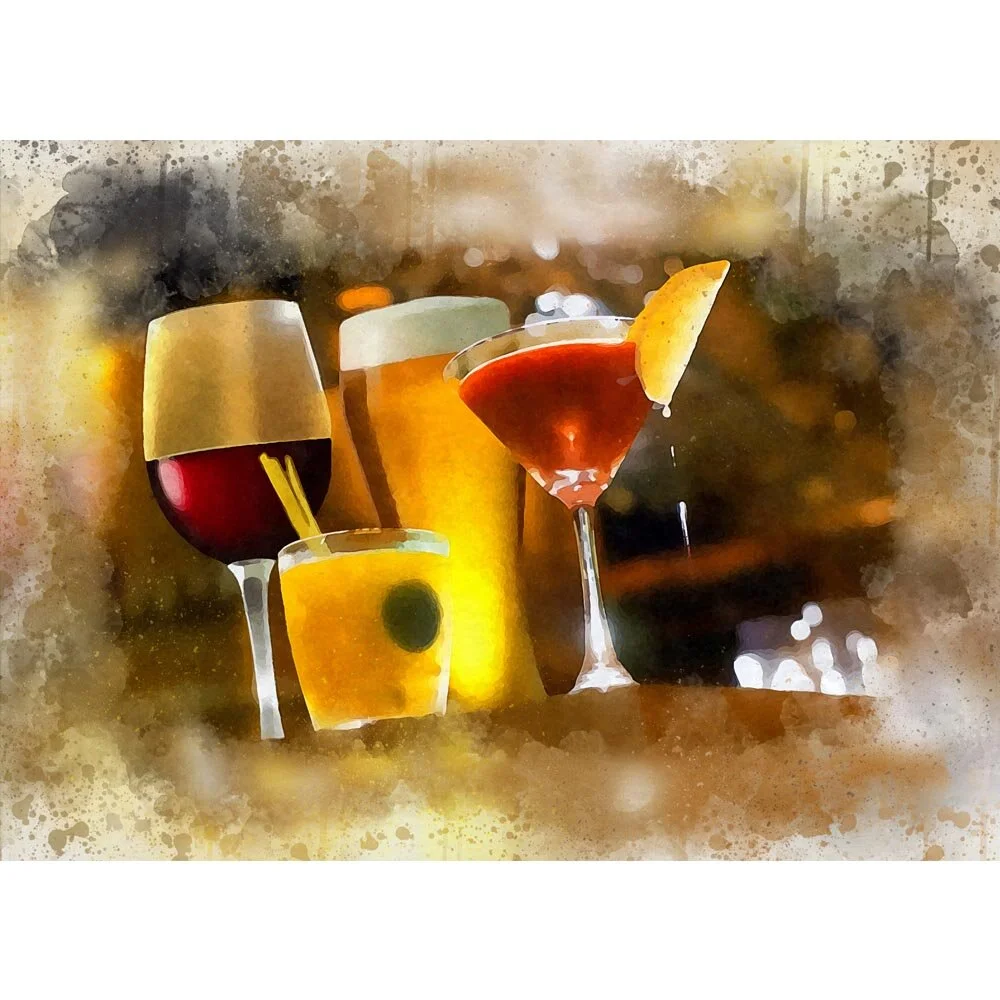four assorted drinks on a bar top abstract figurative painting print