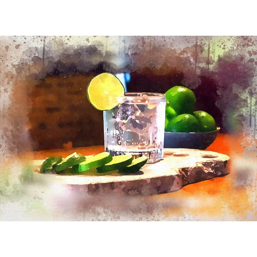 gin tonic cocktail on a wooden plate abstract figurative painting print
