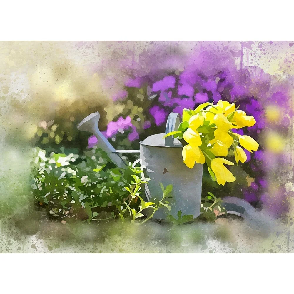 watering can with yellow tulips abstract figurative print