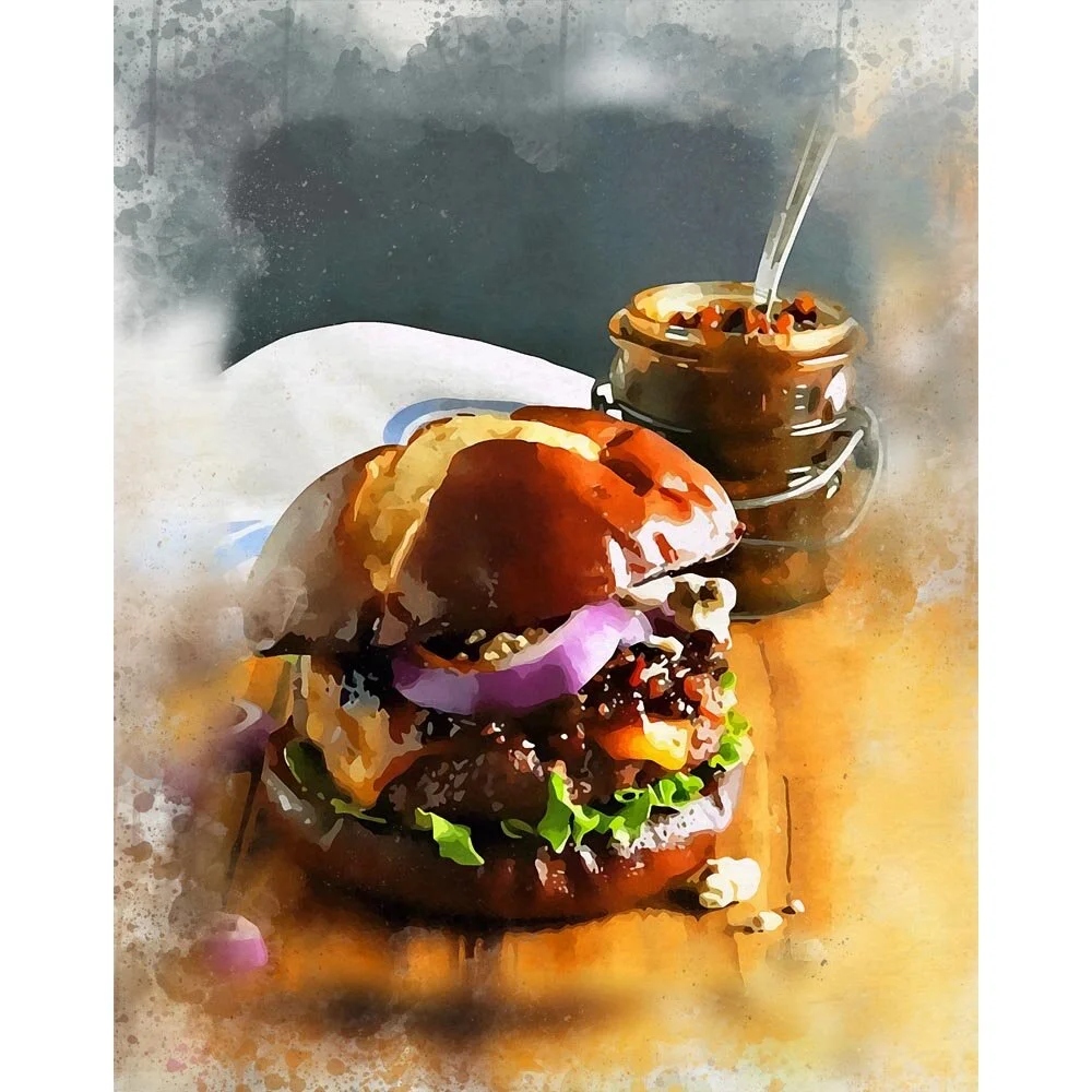 big hamburger with onion marmelade abstract figurative print