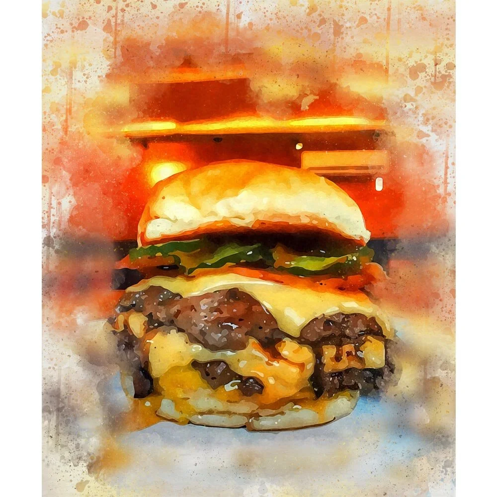 double cheeseburger with bacon and pickle abstract figurative print