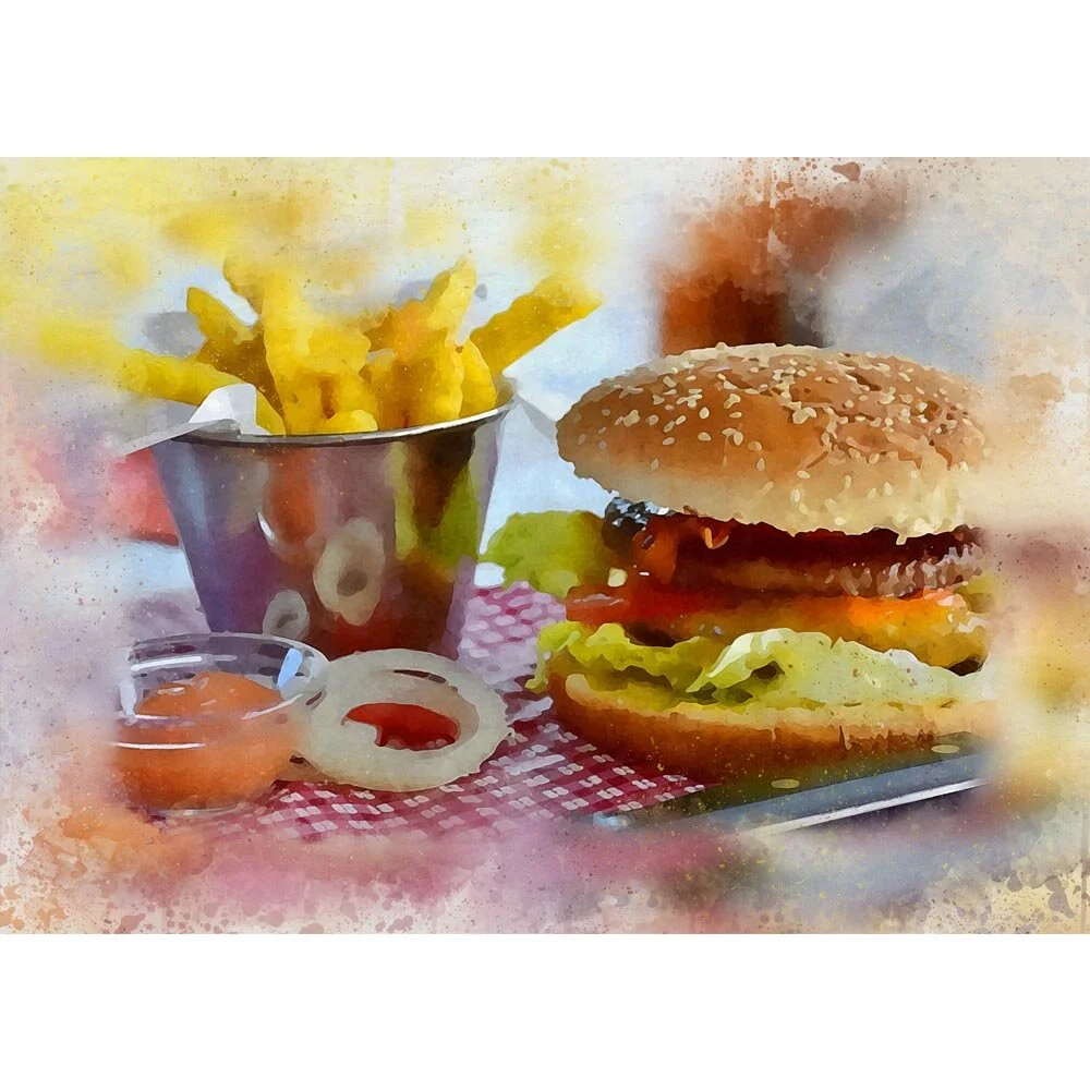 hamburger with french fries and sauce abstract figurative print