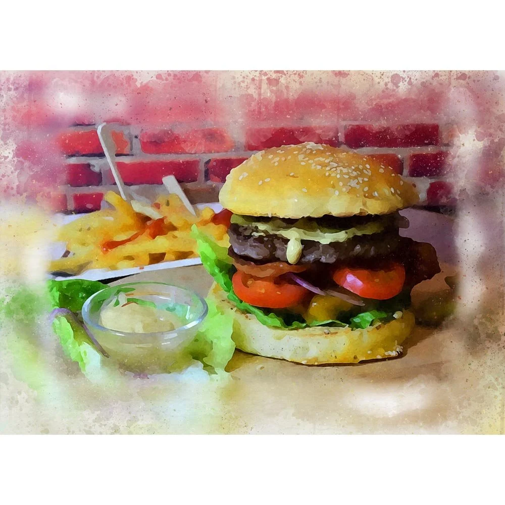 cheeseburger with french fries and sauce abstract figurative print