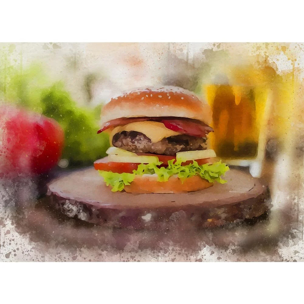 cheeseburger with bacon and beer abstract figurative print