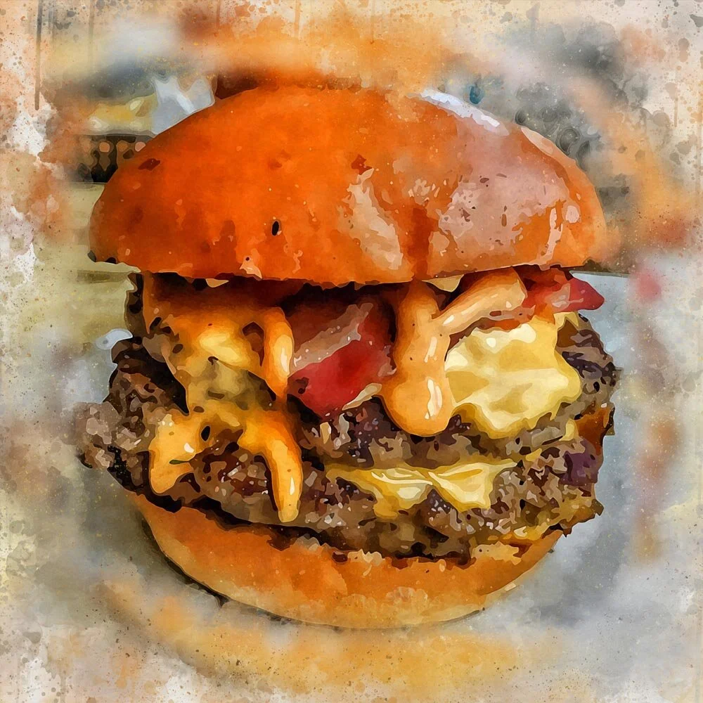 big double cheeseburger with bacon and hamburger sauce abstract figurative print
