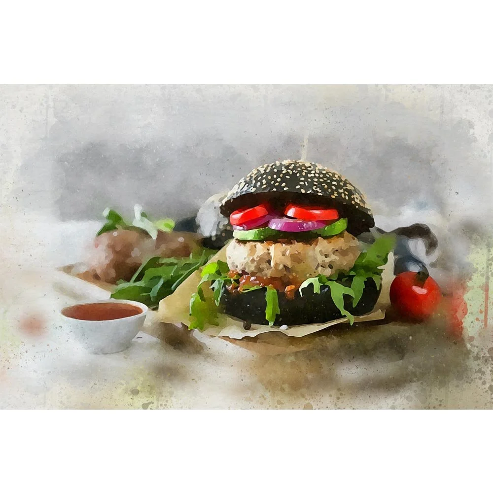 lamb burger with black bun abstract figurative print