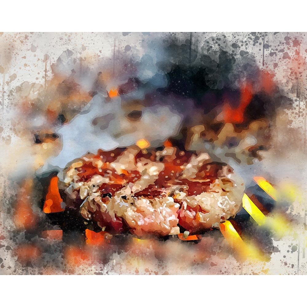 hamburger patty on charcoal grill abstract figurative print