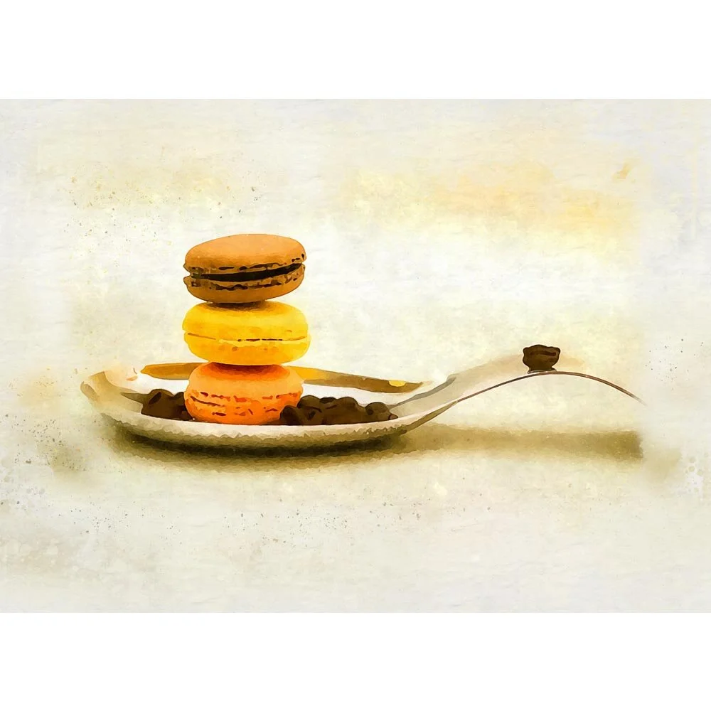 stack of macarons on a spoon with coffee beans abstract figurative print