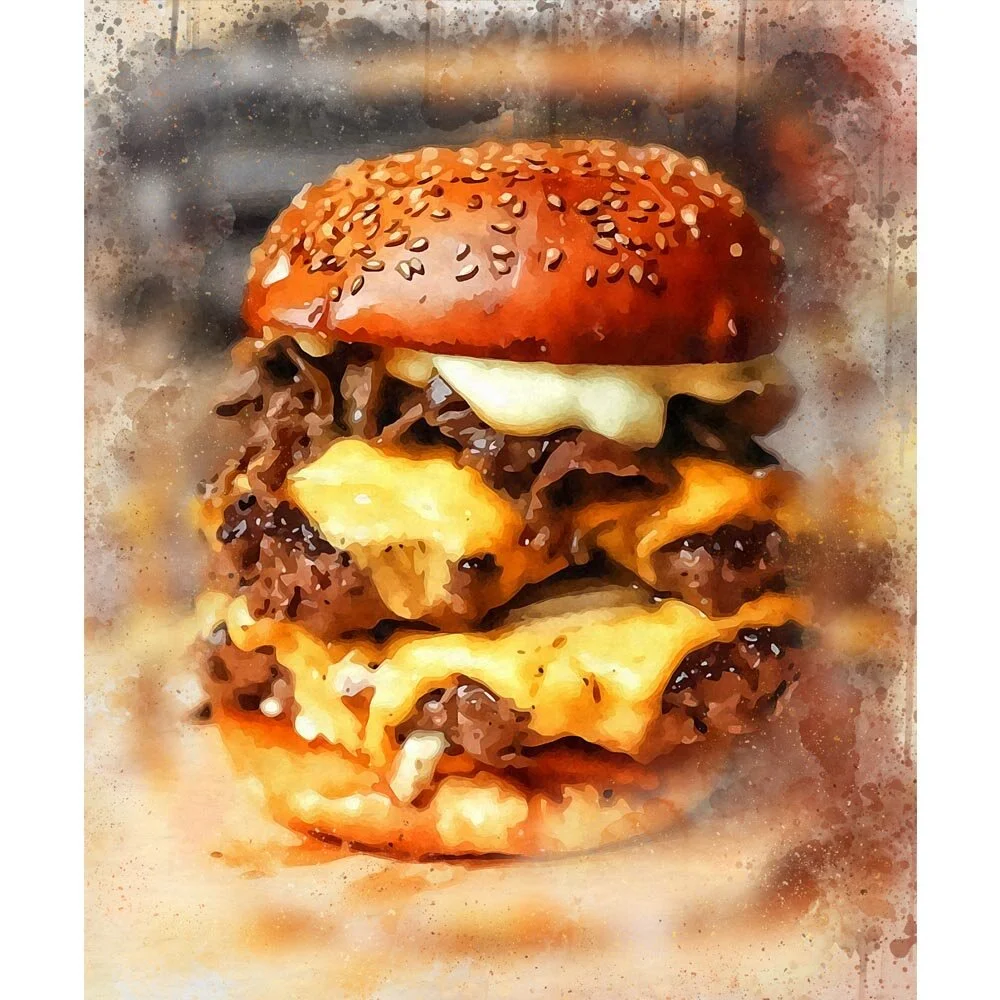 tripple cheeseburger with onions abstract figurative print
