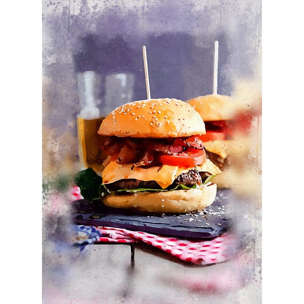 pair of cheeseburger with bacon and tomato abstract figurative print