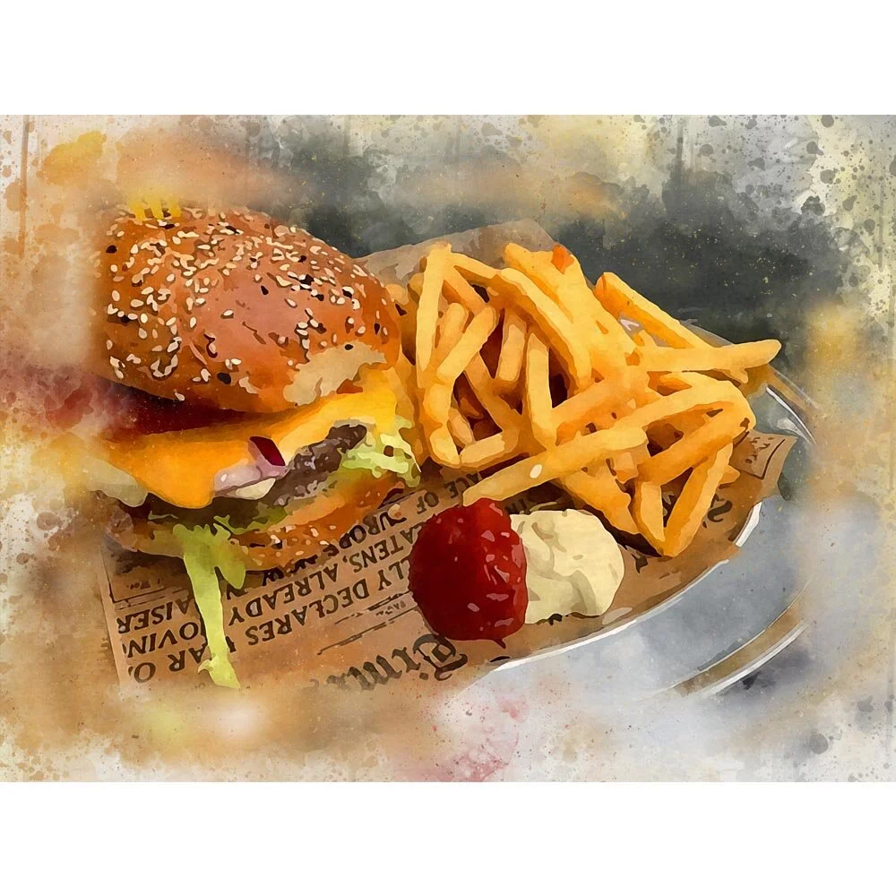 cheeseburger with french fries on a newspaper abstract figurative print
