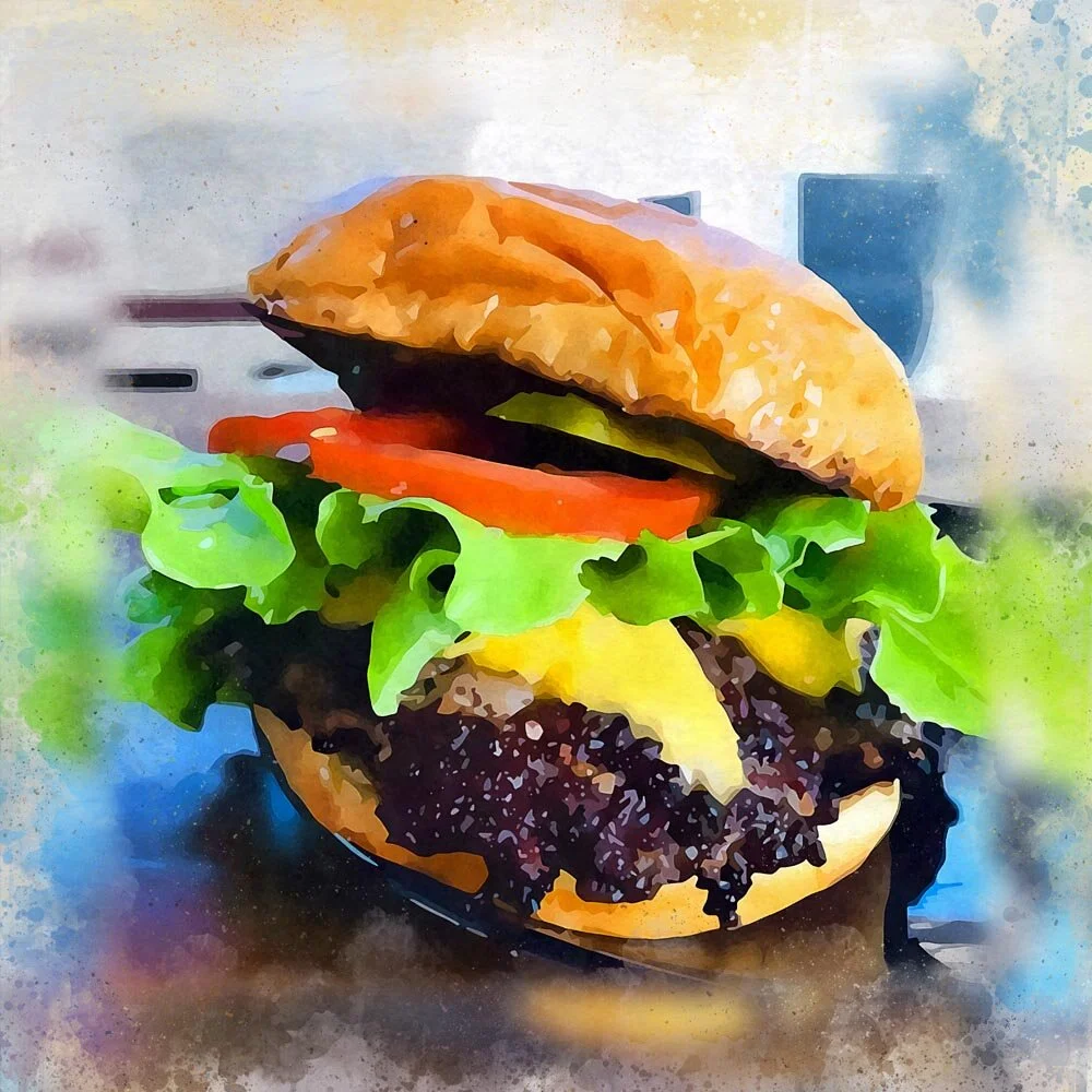 home made cheeseburger with lettuce and tomato abstract figurative print