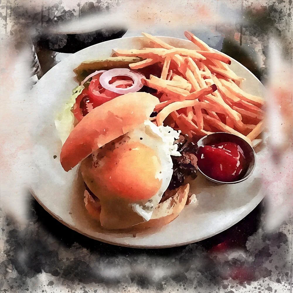 hamburger with fried egg and french fries abstract figurative print