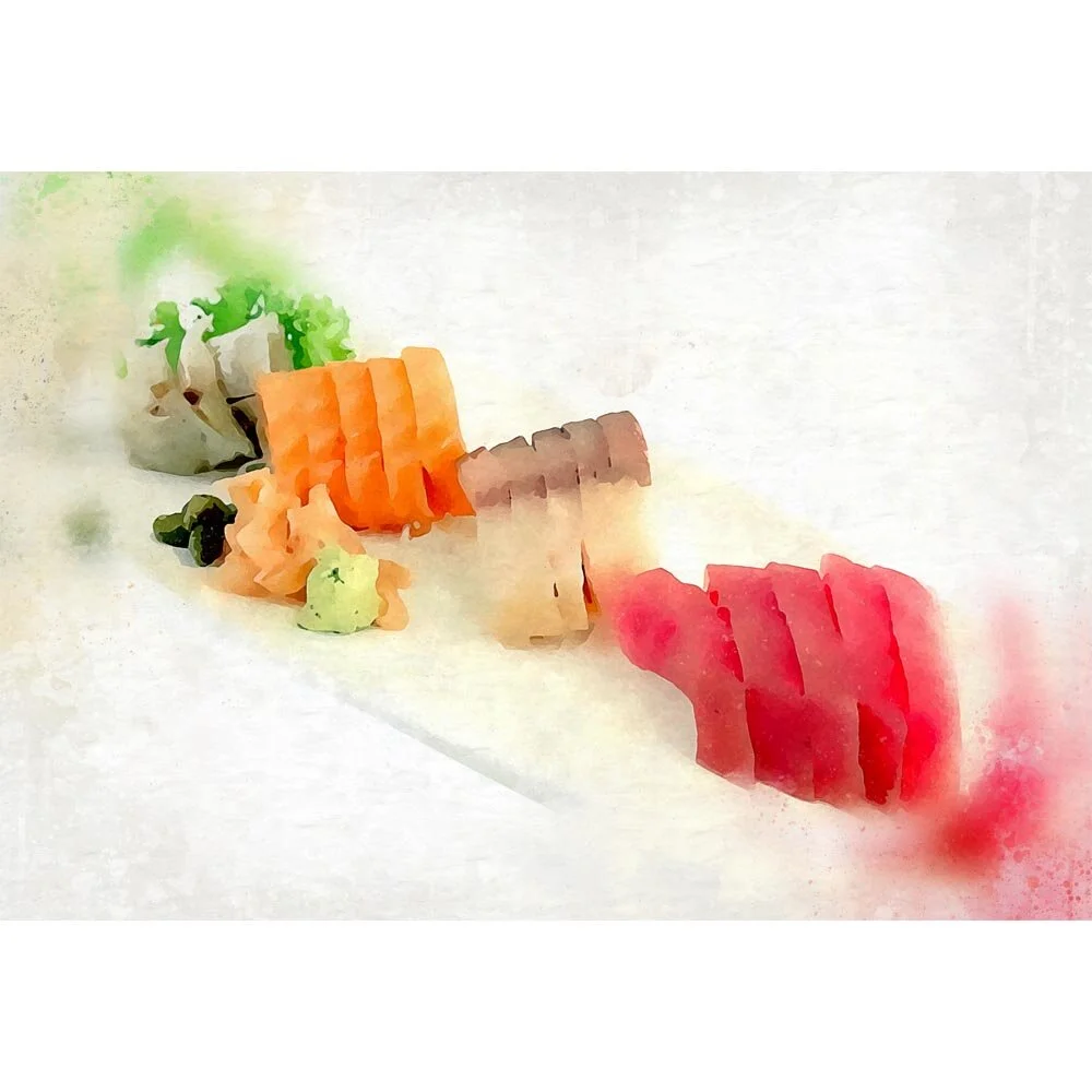 sashimi of tuna salmon and mackerel abstract figurative print