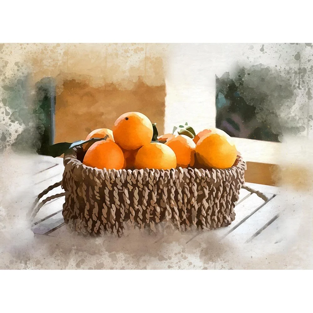 basket with oranges on a patio table abstract figurative print
