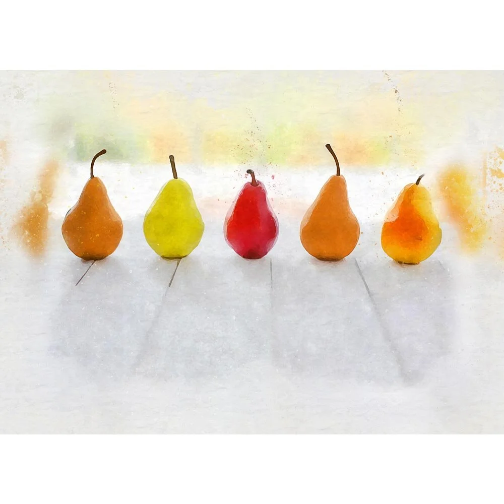 five pears in a row on a patio table abstract figurative print