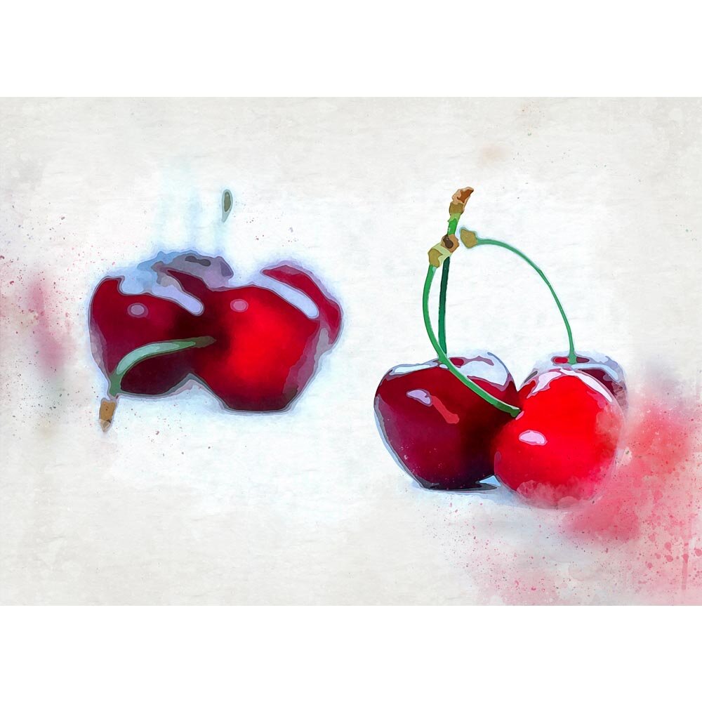 cherries with stems on a white table abstract figurative print