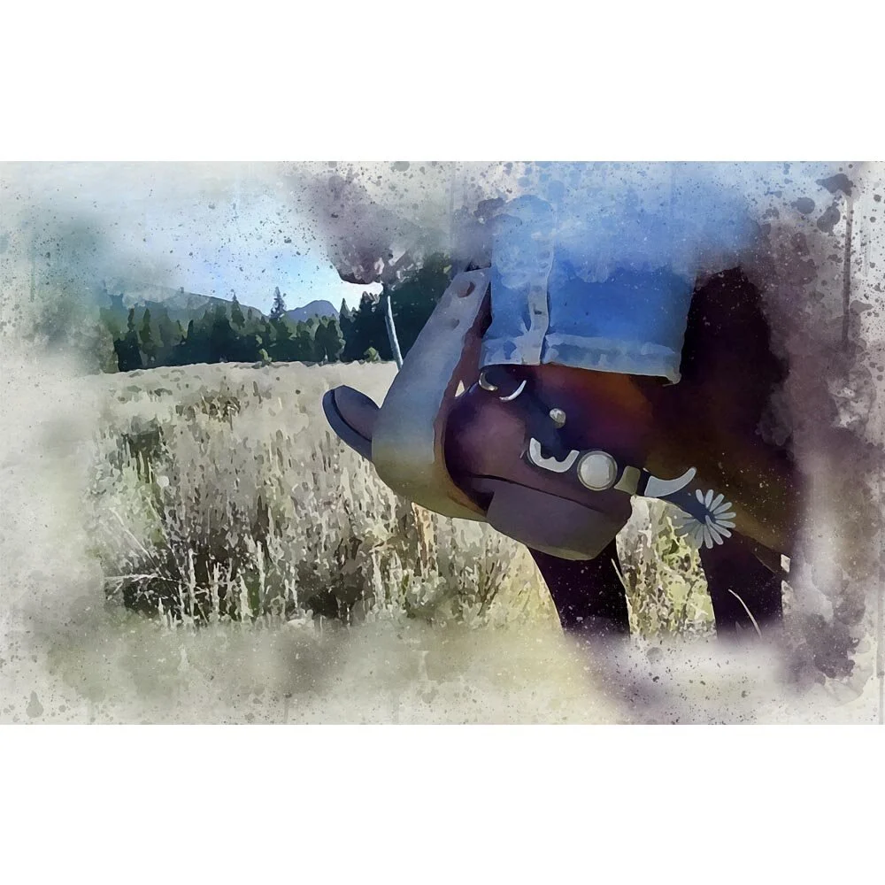 horse cowboy boot spores outdoors nature abstract figurative print