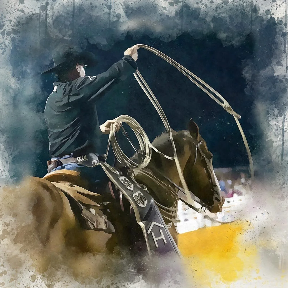 cowboy lasso roping competition abstract figurative print
