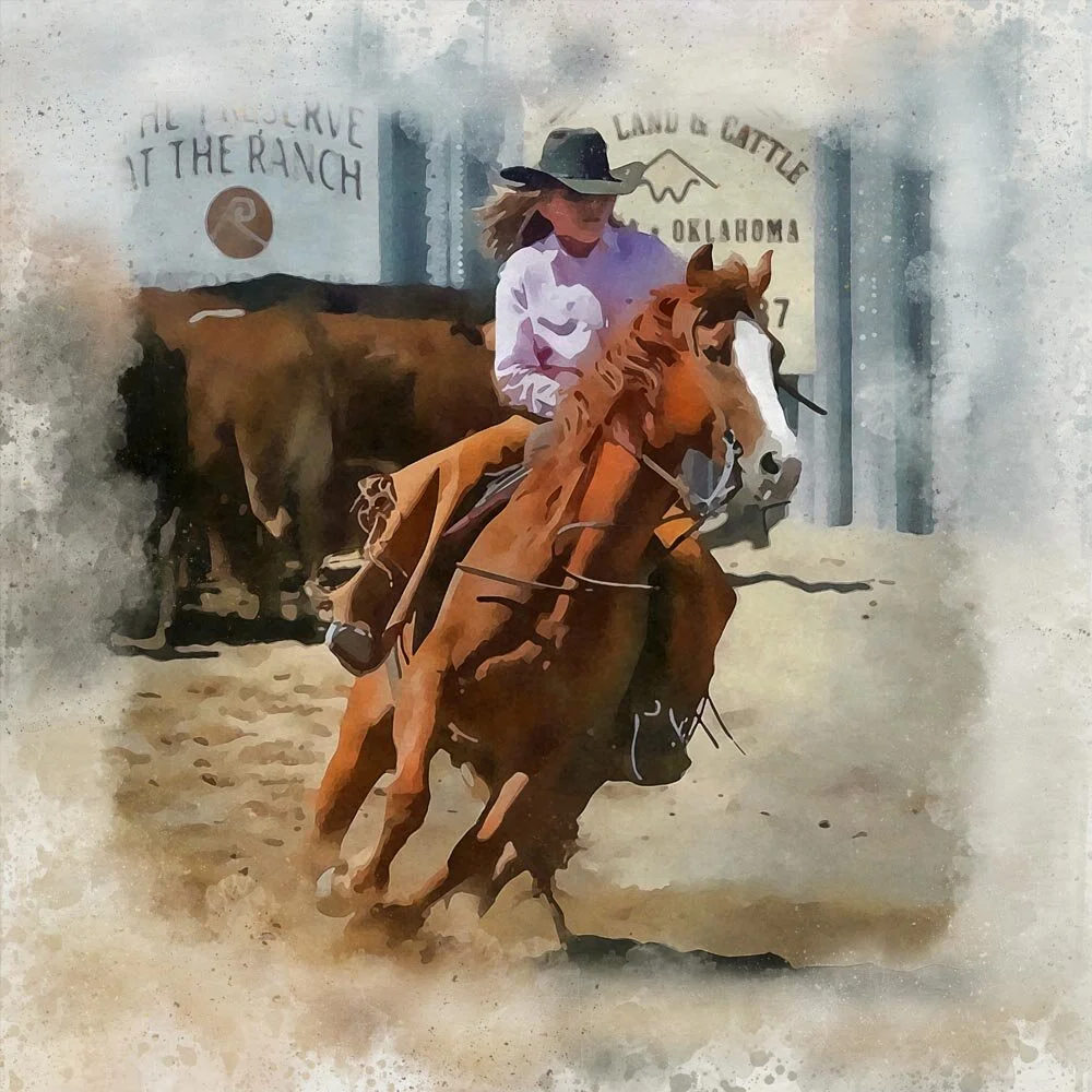 Cowgirl riding western gymkhana event abstract figurative print