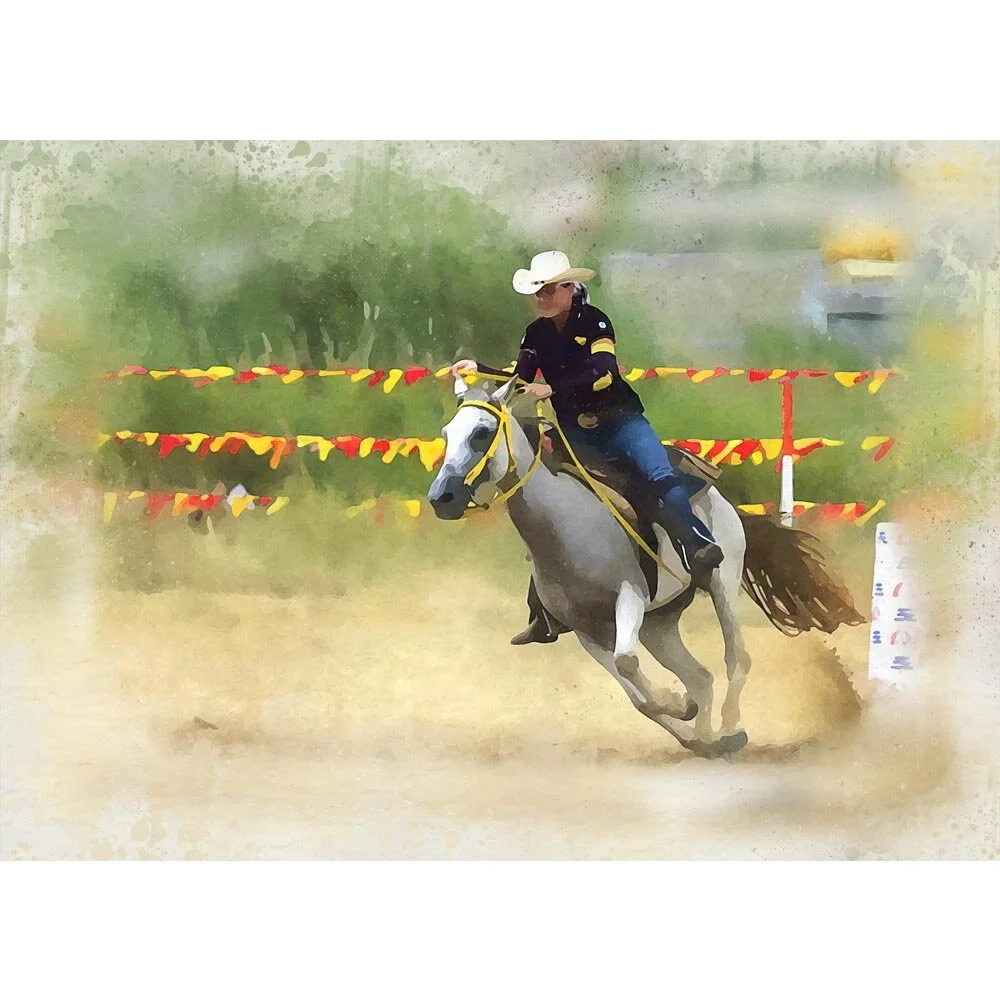cowboy riding western gymkhana event abstract figurative print