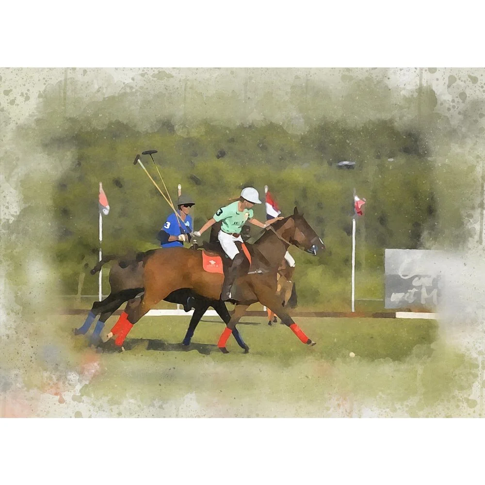 female player in a polo match abstract figurative print