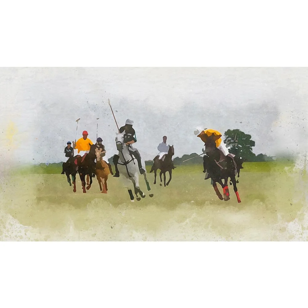 polo match in progress abstract figurative print