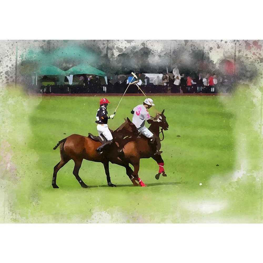 two polo players going for the ball abstract figurative print