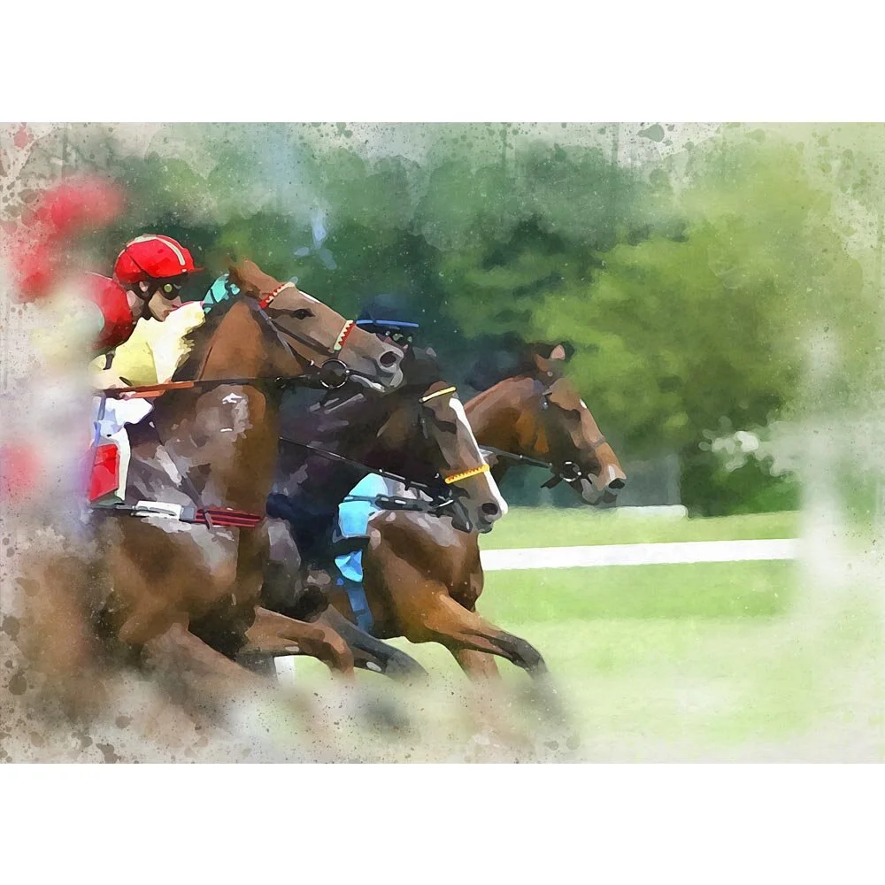 neck and neck horse race event abstract figurative print
