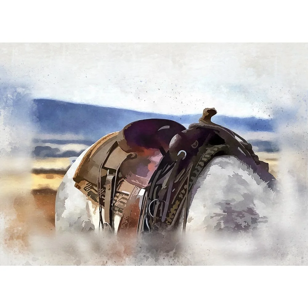 horse with a western saddle close up abstract figurative print