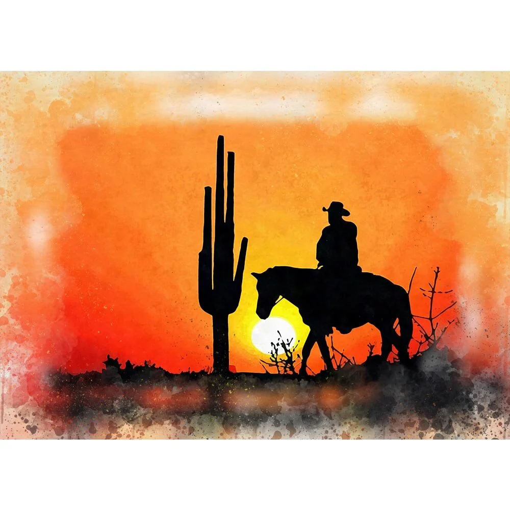 lone cowboy riding by a cactus during sunset silhoutte abstract figurative print