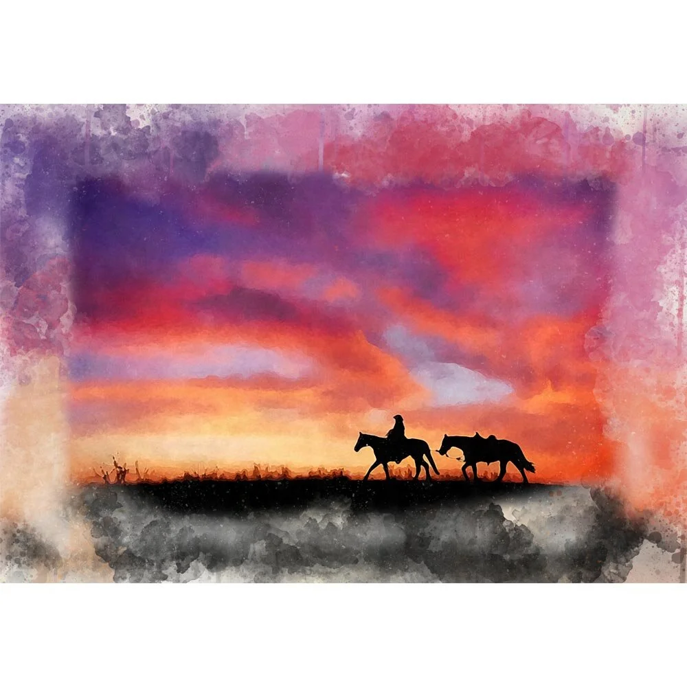 lone cowboy with spare horse riding at sunset silhoutte abstract figurative print
