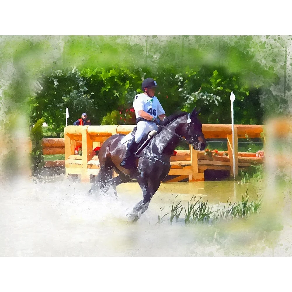 endurance cross country event rider galloping in water abstract figurative print