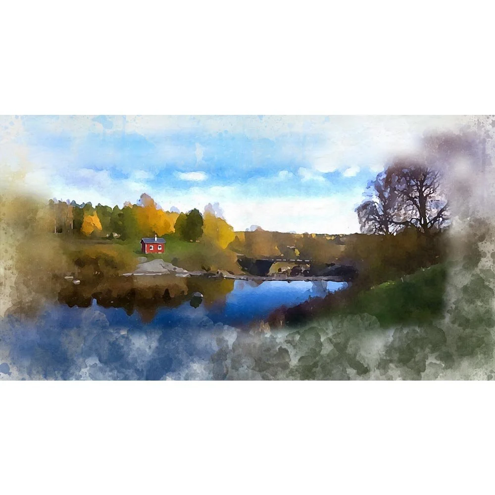 cabin at a lake in norway abstract figurative print