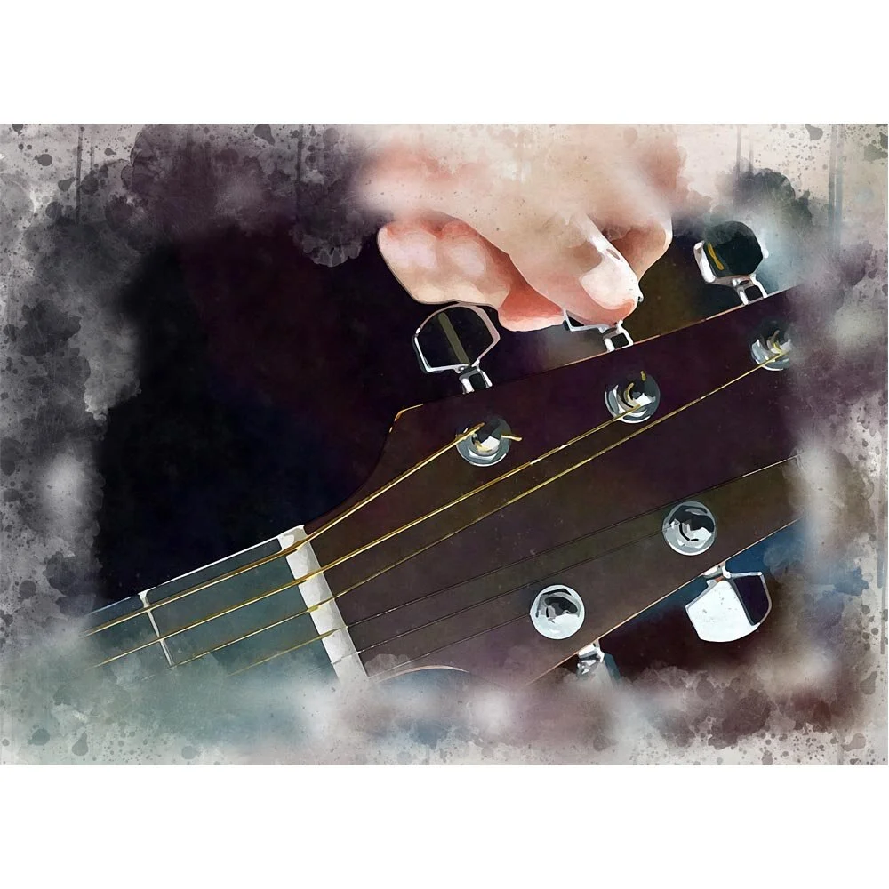 tuning acoustic guitar abstract figurative print