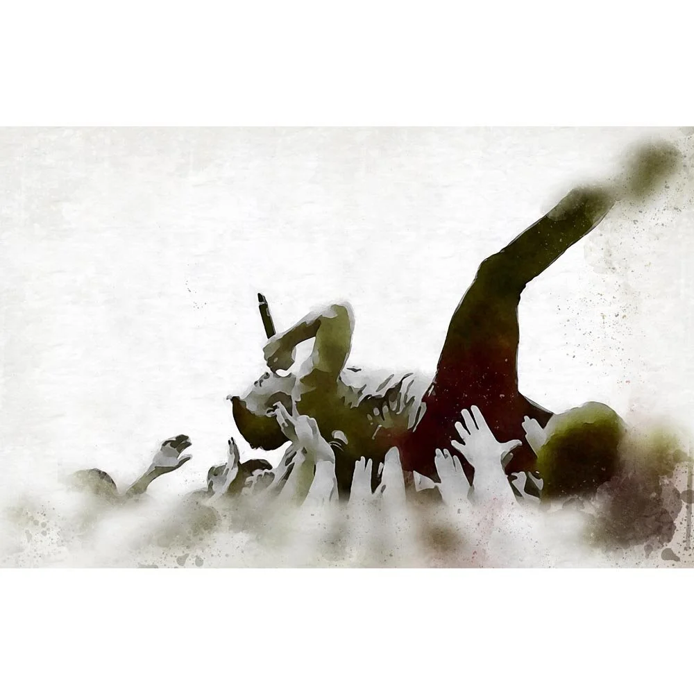singer crowd surfing at a concert black &amp; white abstract figurative print