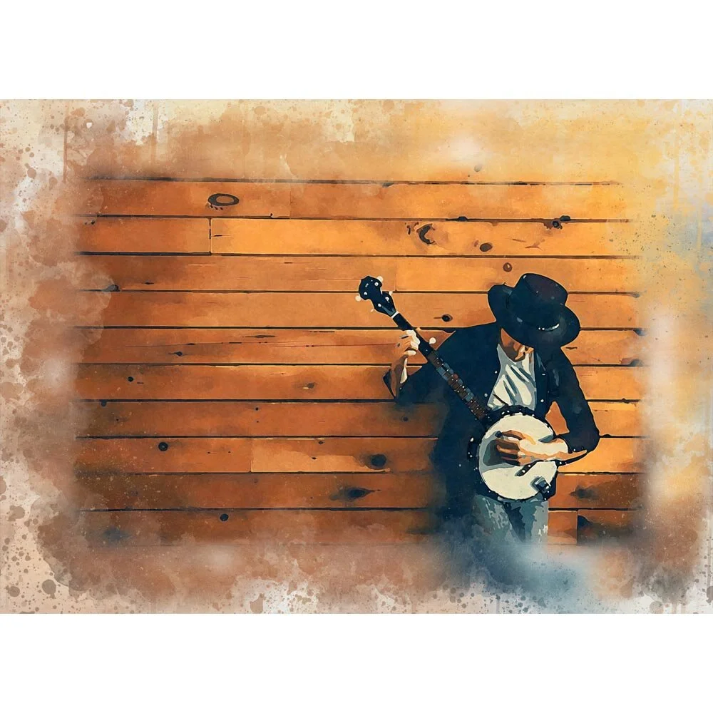 guy wearing a hat playing banjo abstract figurative print