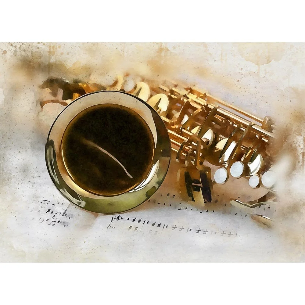 saxophone on pages of sheet music close up abstract figurative print