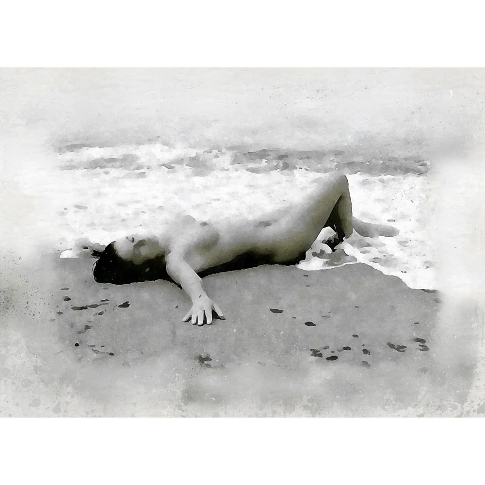 nude woman lying on the beach black &amp; white abstract figurative print