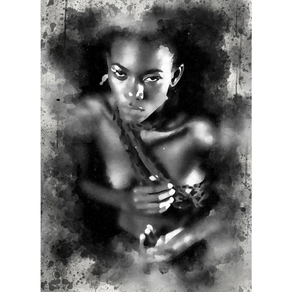 nude woman wearing a chain black &amp; white abstract figurative print