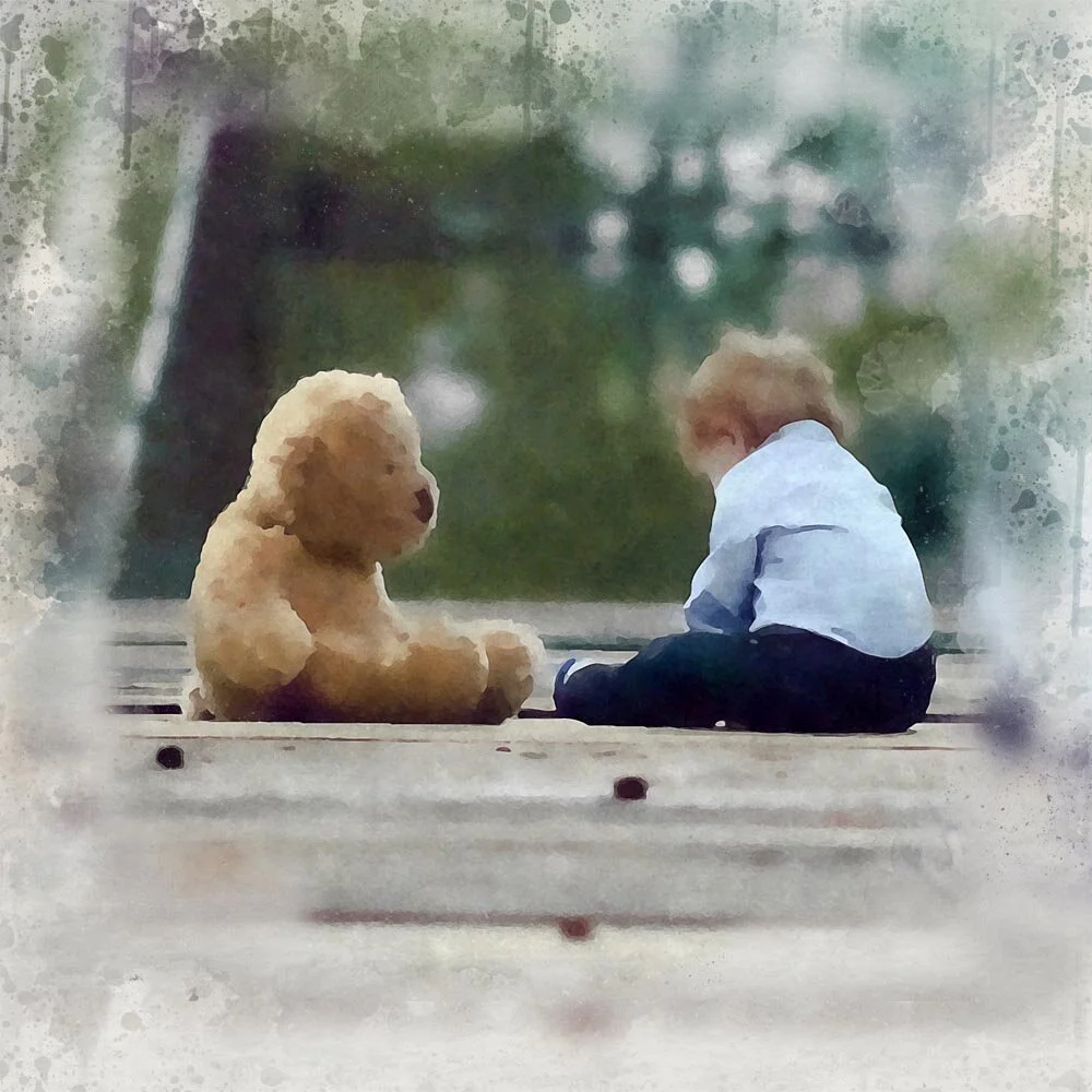 young boy having a chat with his best friend abstract figurative painting print