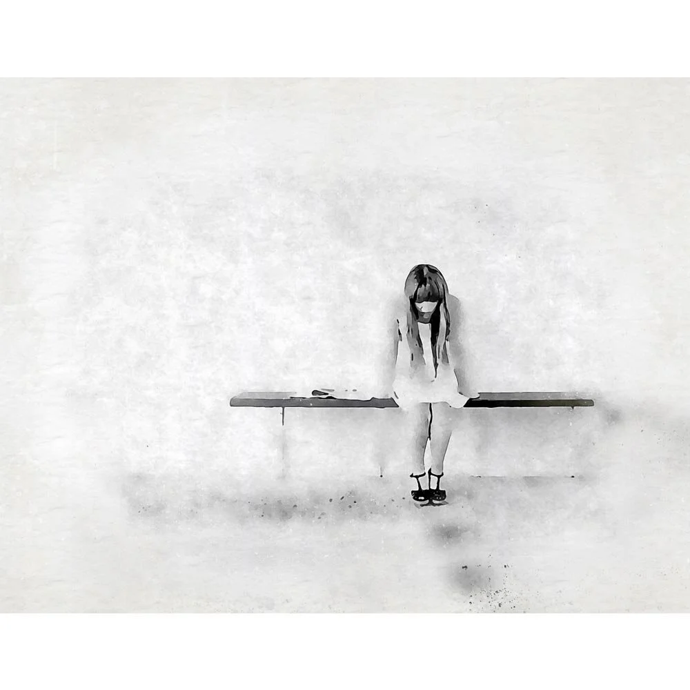 young woman sitting on a bench abstract figurative painting print