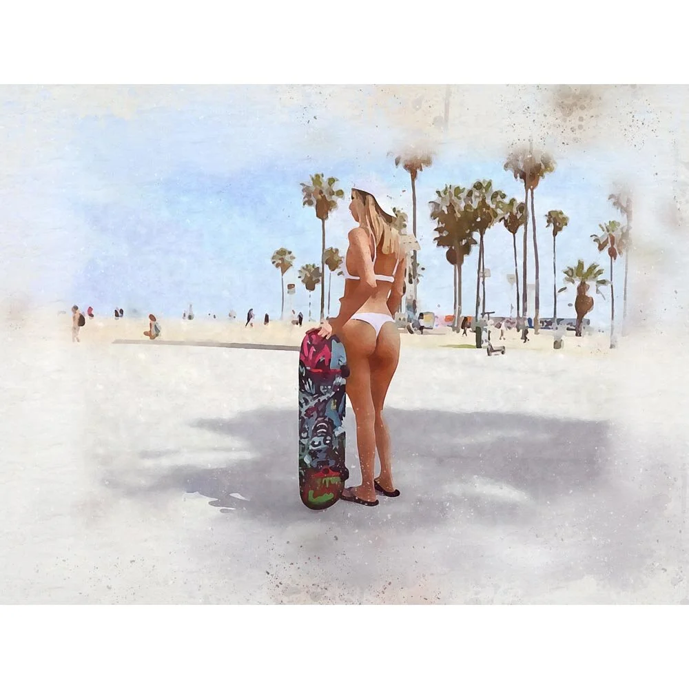 young blonde skater girl in bikini abstract figurative painting print