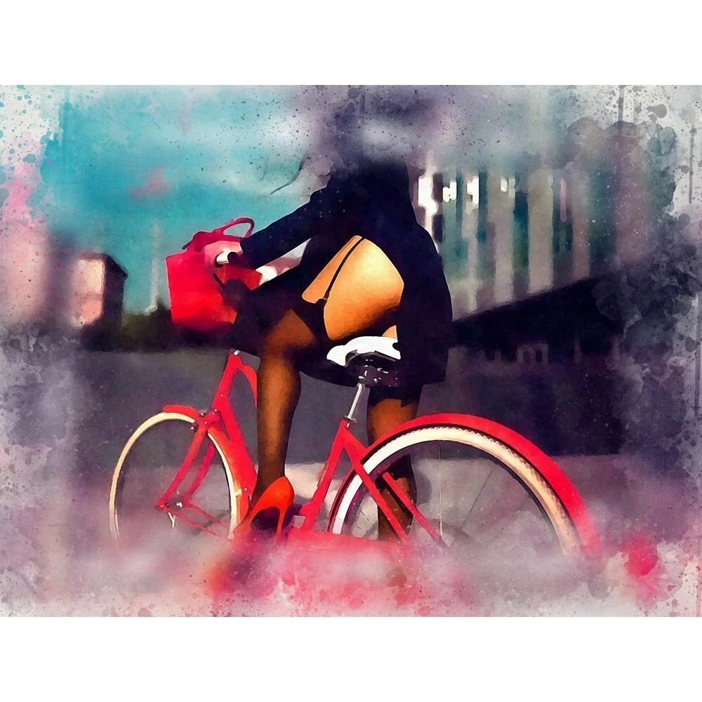 girl on a bicycle wearing stockings abstract figurative painting print