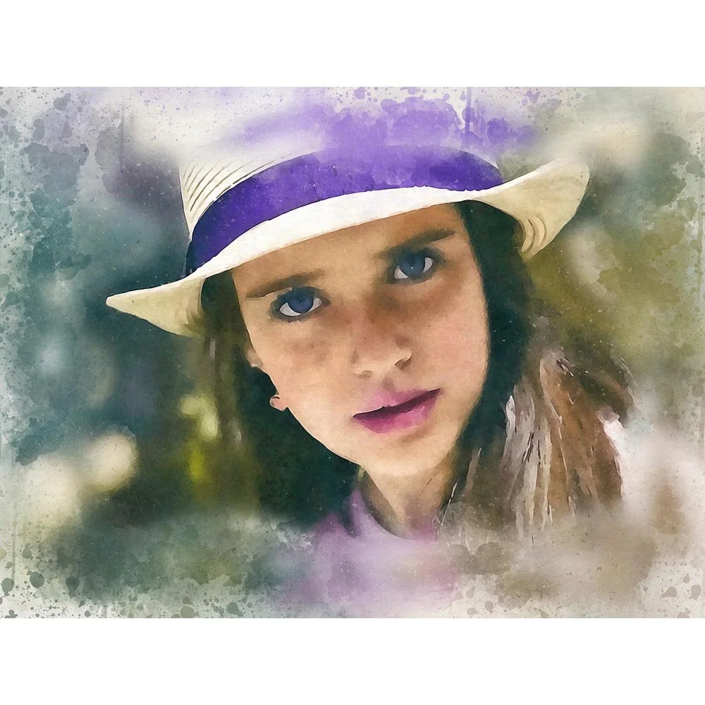 cute girl blue eyes freckles straw hat abstract figurative print