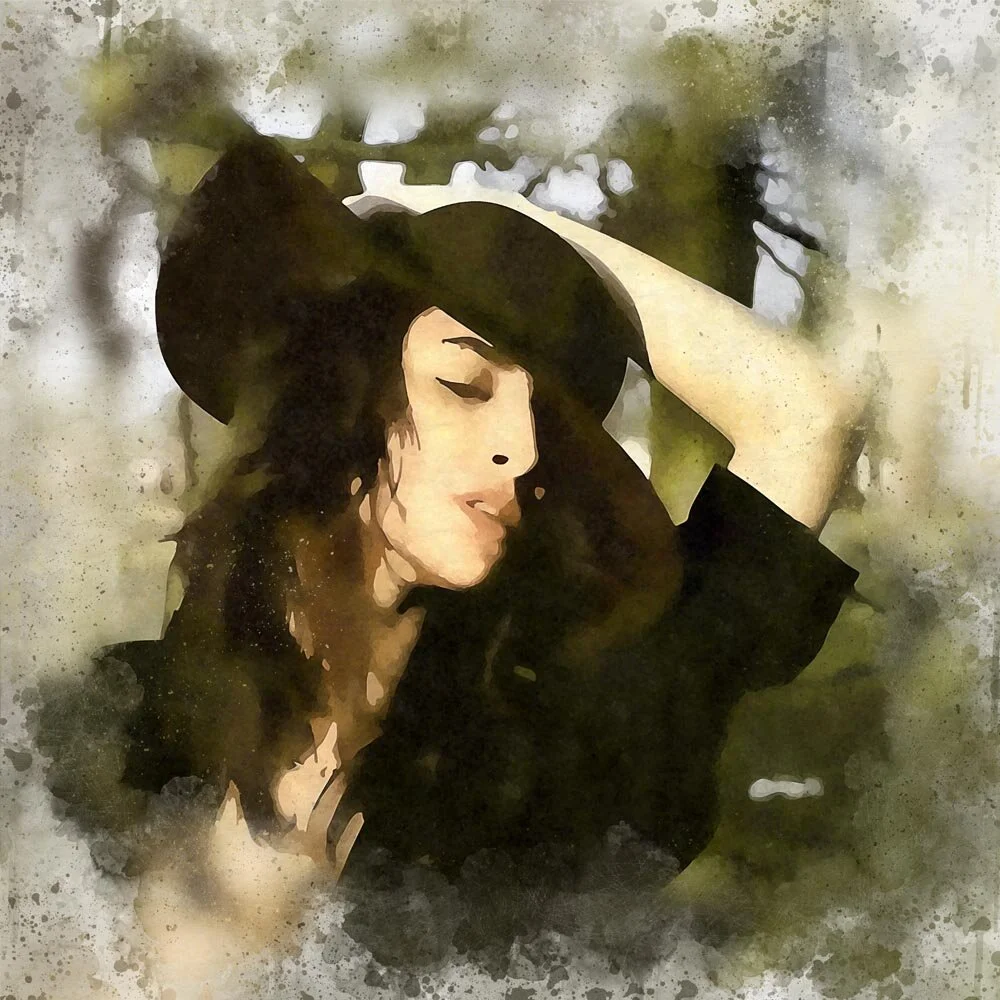 young woman wearing a black hat posing seductively abstract figurative print