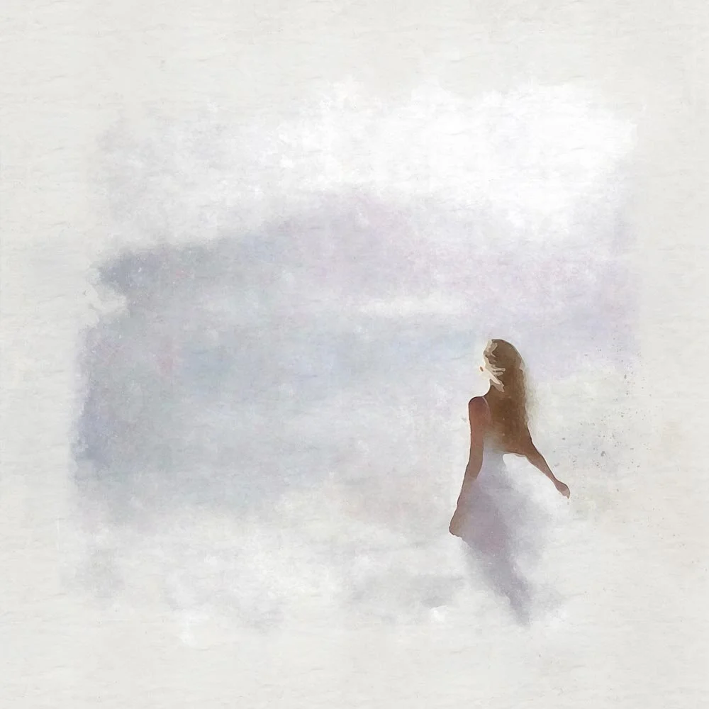 woman in a white dress on the beach abstract figurative print