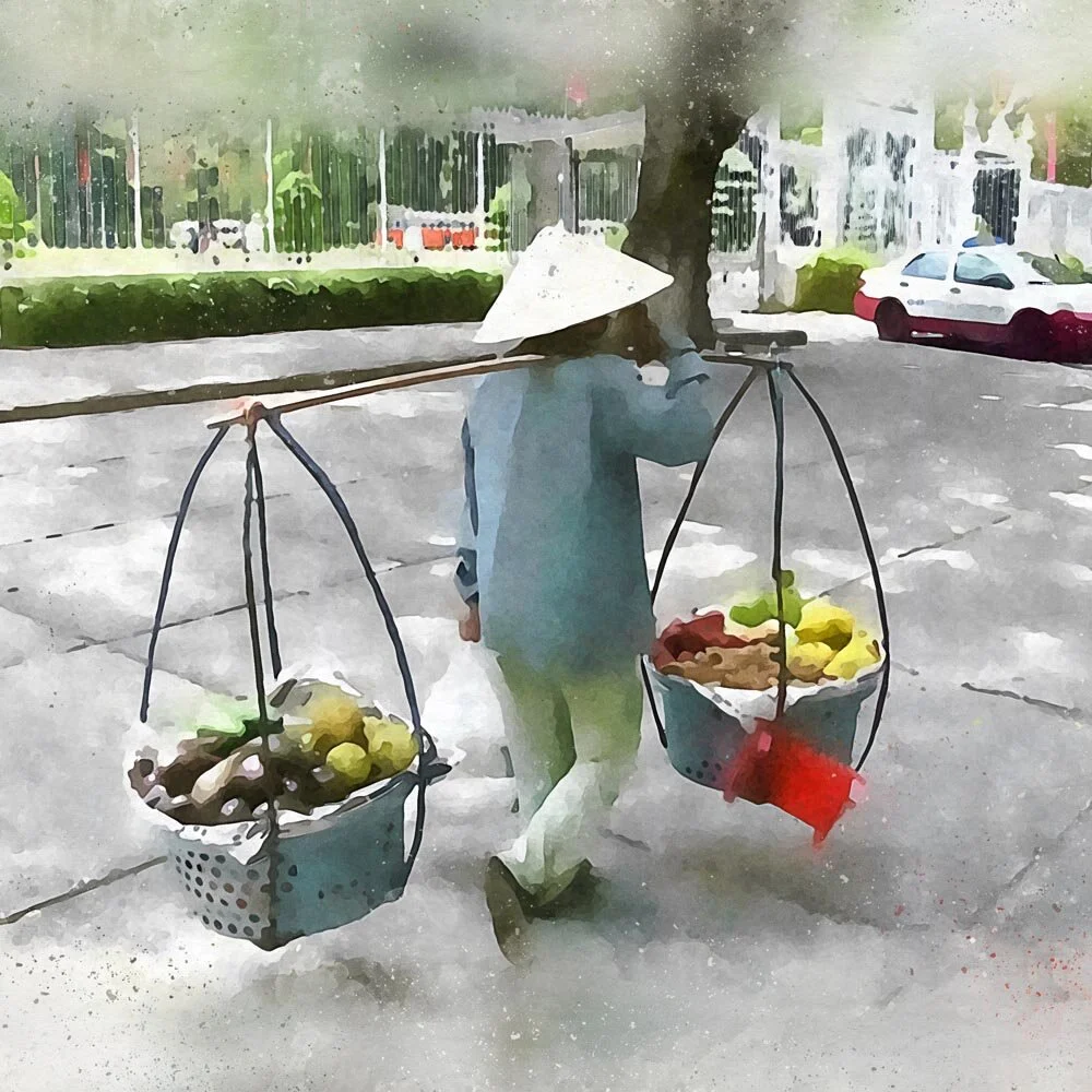 woman taking produce to the market indonesia abstract figurative print