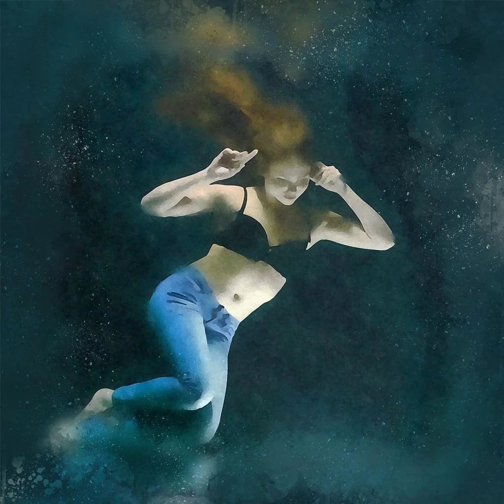 woman wearing jeans and bra posing underwater abstract figurative print